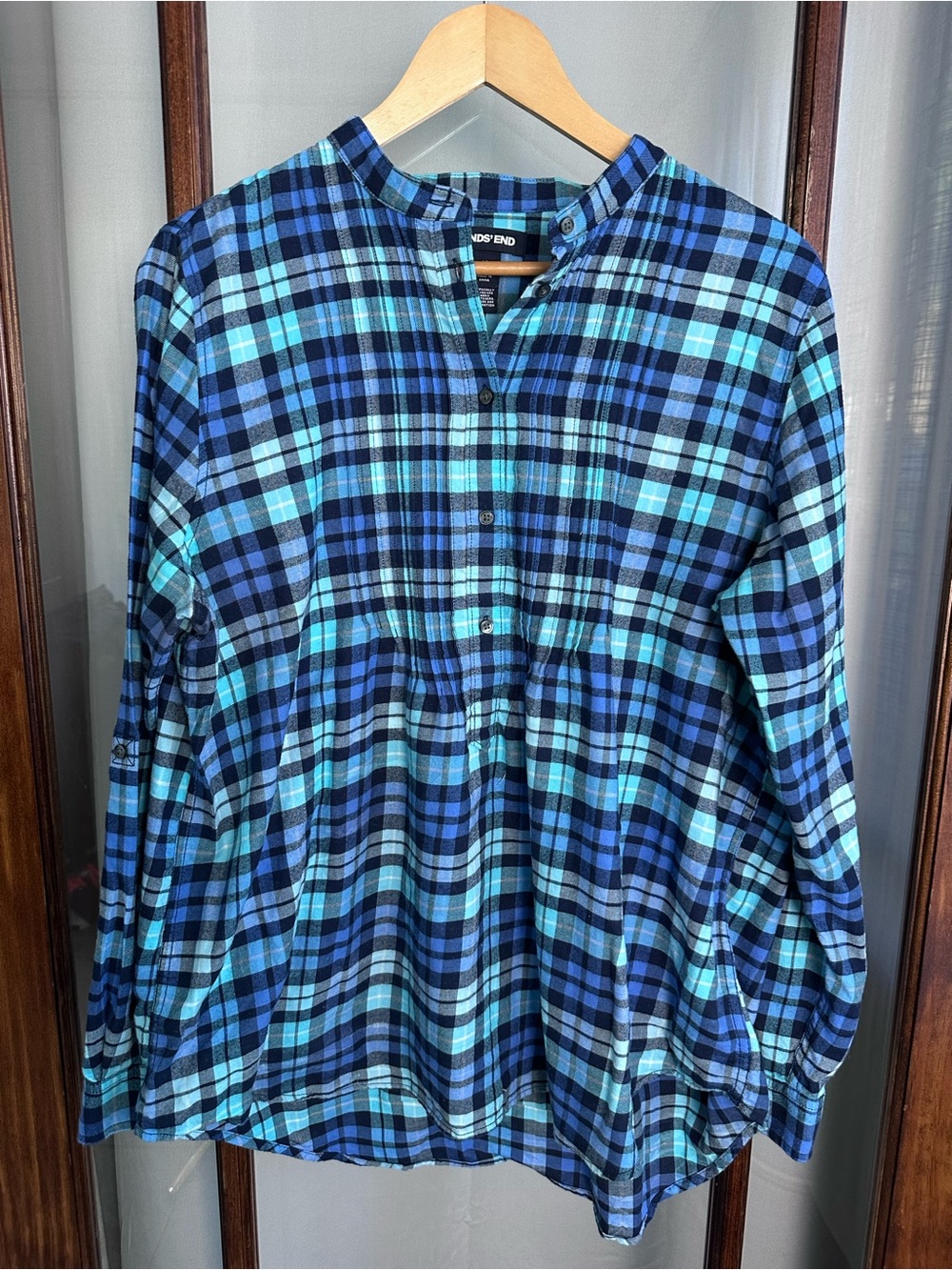Lands End Flannel Popover Pintucked Shirt Womens 18 Blue 100% Cotton Top